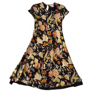 Vintage Tracy M Black Floral Silk Midi Dress (Size Small)